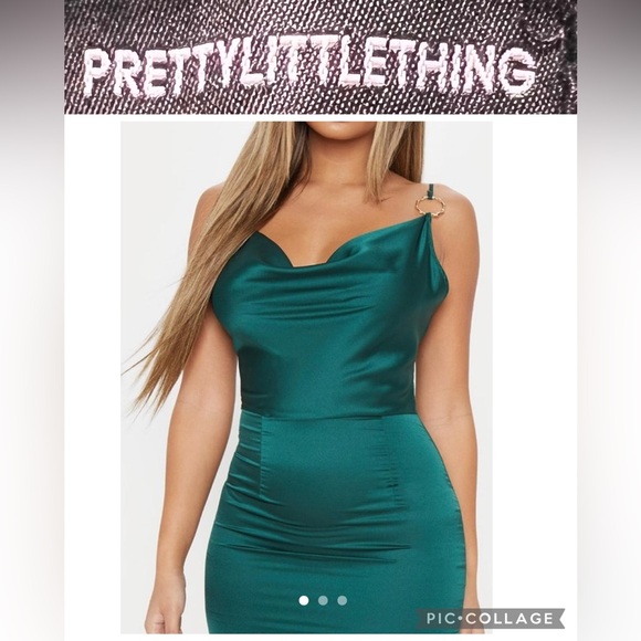 PrettyLittleThing Emerald Satin Dress - Picture 1 of 6